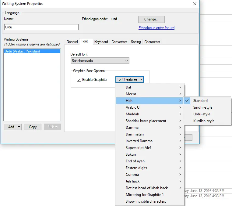 Fieldworks font feature UI
