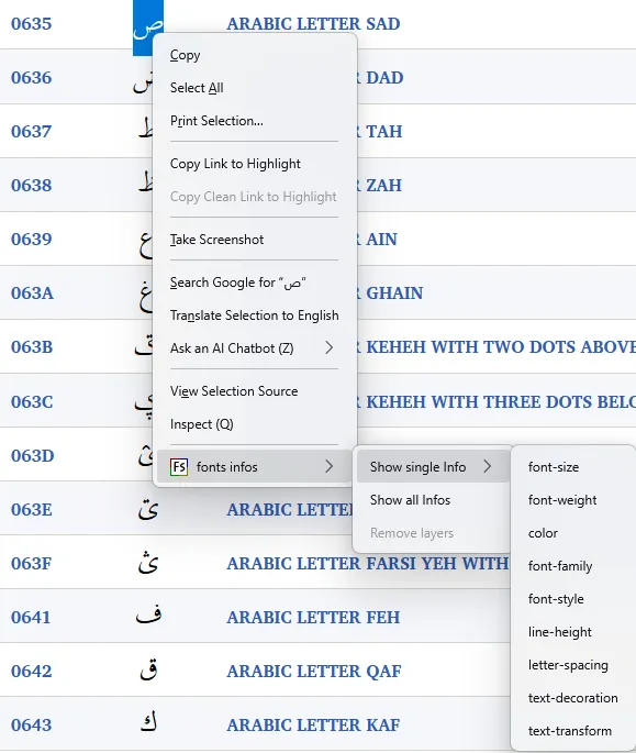 Selecting the font infos add-on