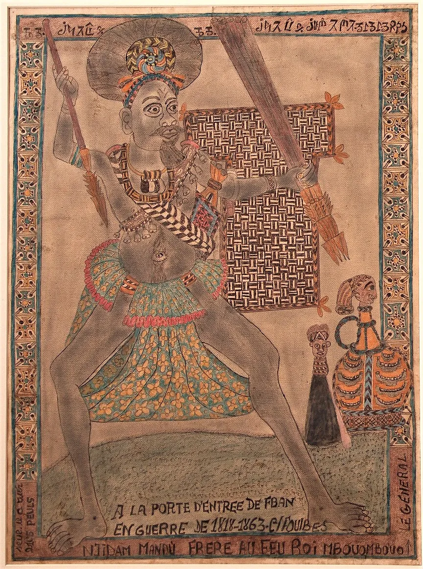 Drawing of a warrior with inscriptions in Bamun and French